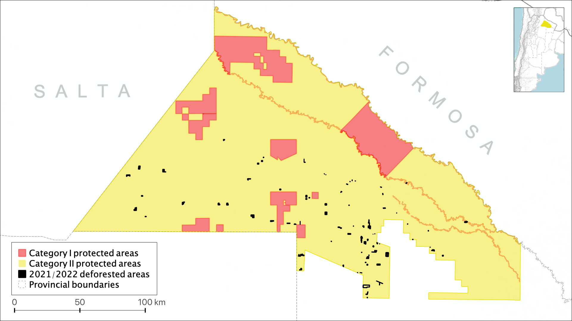 Map of analysed area in Chaco showing that 
                        there was forest loss in some areas surrounding category I areas.
