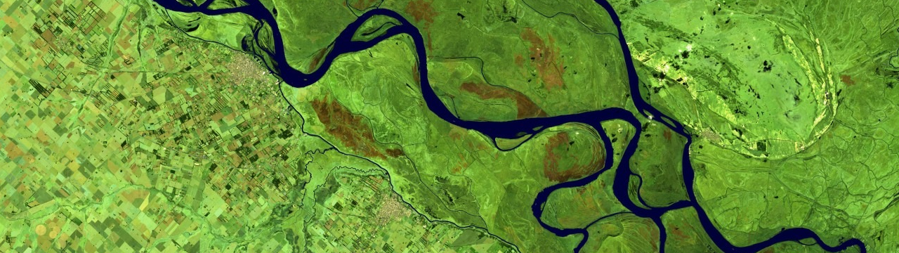 False colour image of the Paraná River near its mouth at the Rio de La Plata, Argentina.